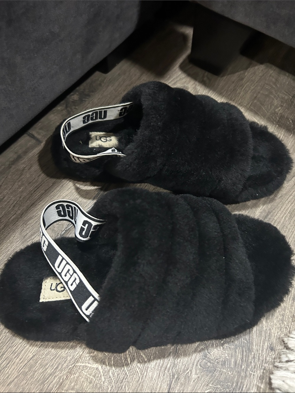UGG Black Plush Fluff Yeah Slide Sandals with Branded Heel Strap 5